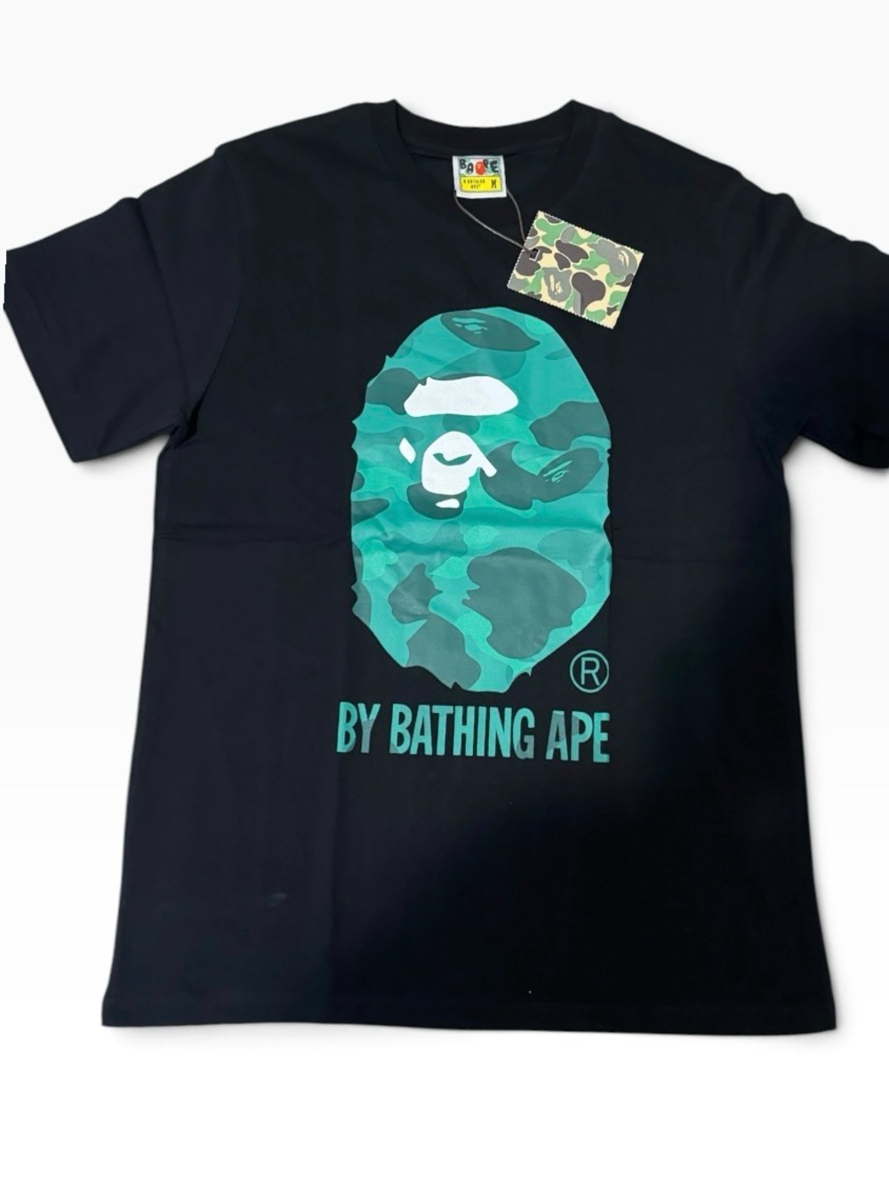 Bape Black Short Sleeve Tee with Teal Camo Ape Logo